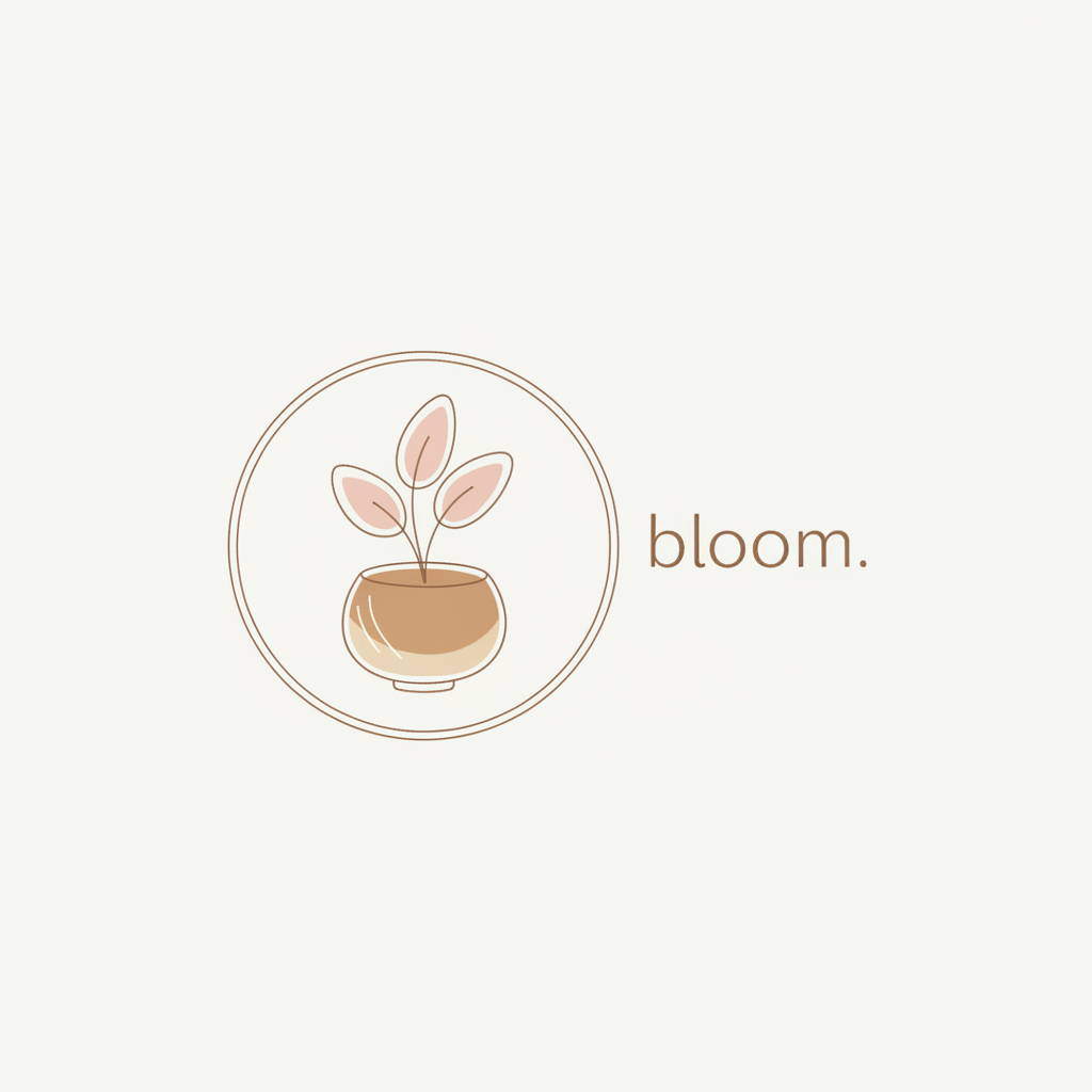 minimal line art icon of a small potted plant that fits a soft brown, cream and pink color palette, suitable as a subtle decorative accent next to short text